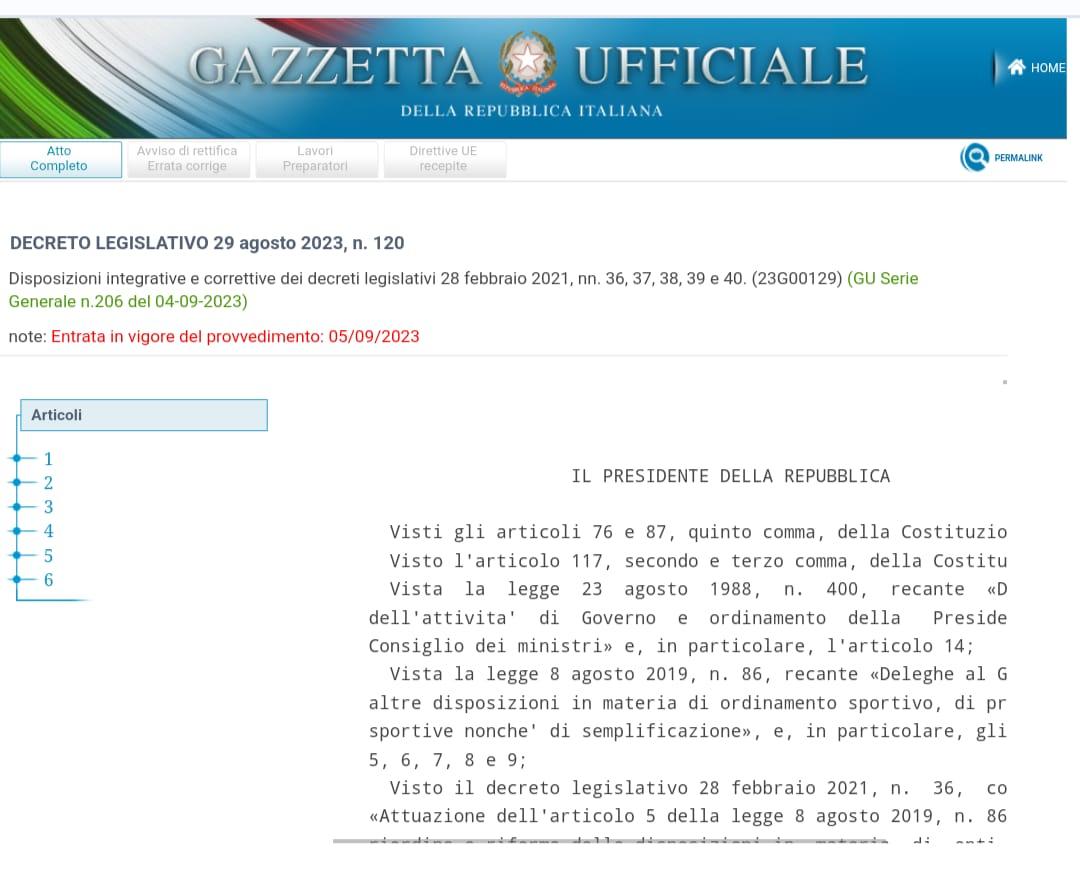 Pubblicato in Gazzetta Ufficiale il Correttivo Bis della Riforma dello Sport