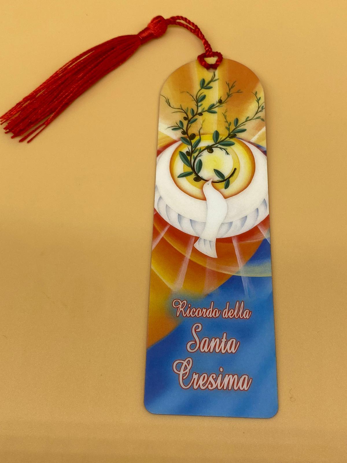 Segnalibro plastificato con fiocchetto colorato - Santa Cresima
