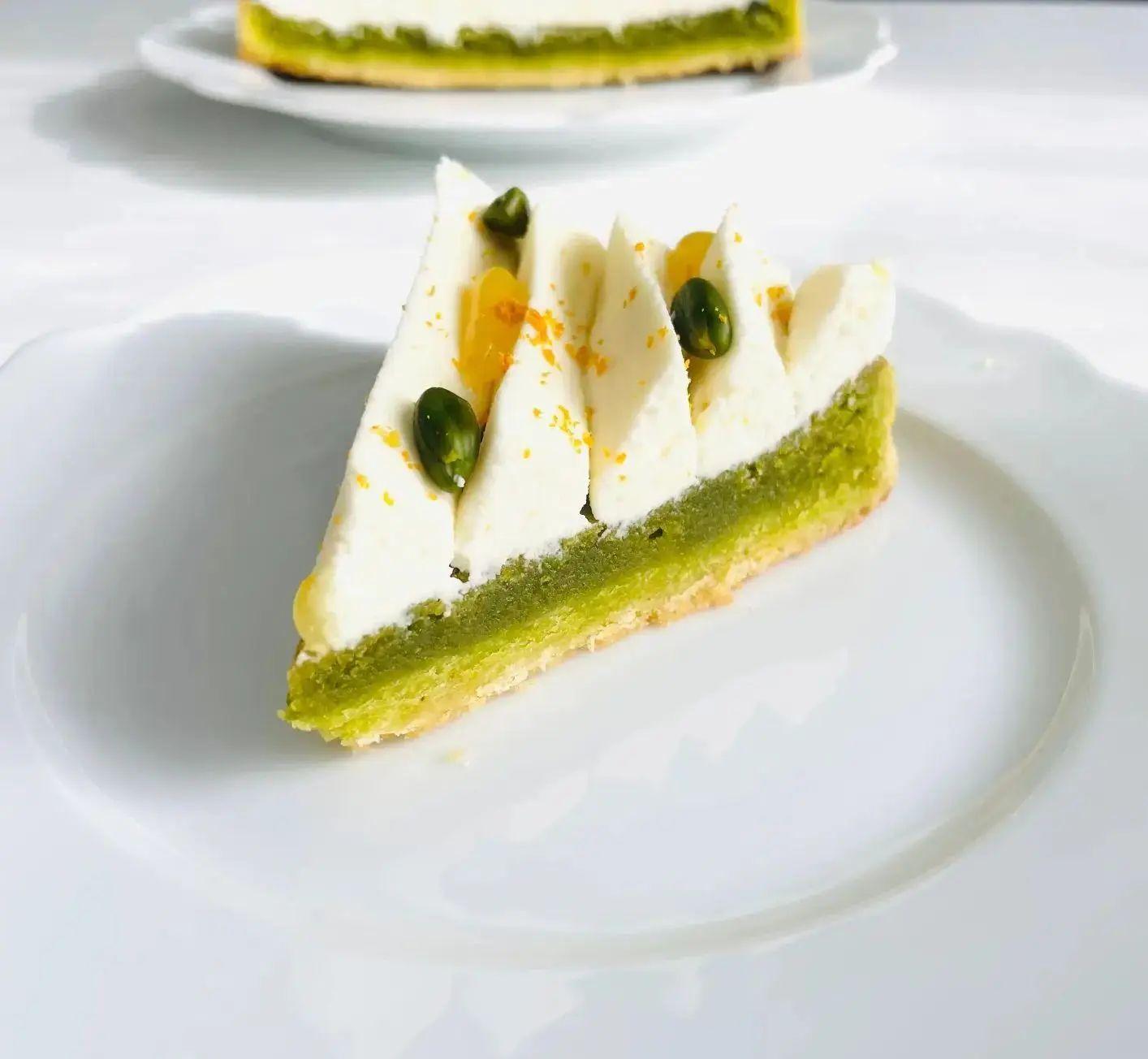 Crostata al pistacchio, cioccolato bianco e arancia