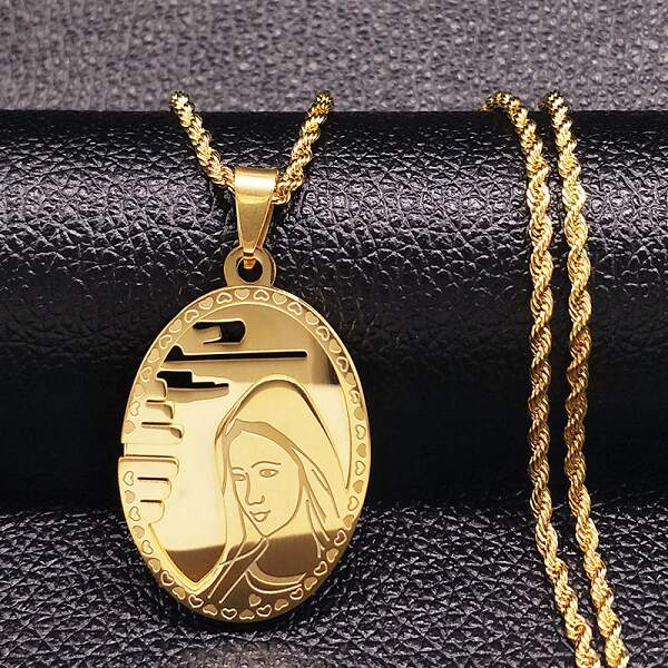 Collana in Acciaio Inox Color Oro - VISO VERGINE MARIA
