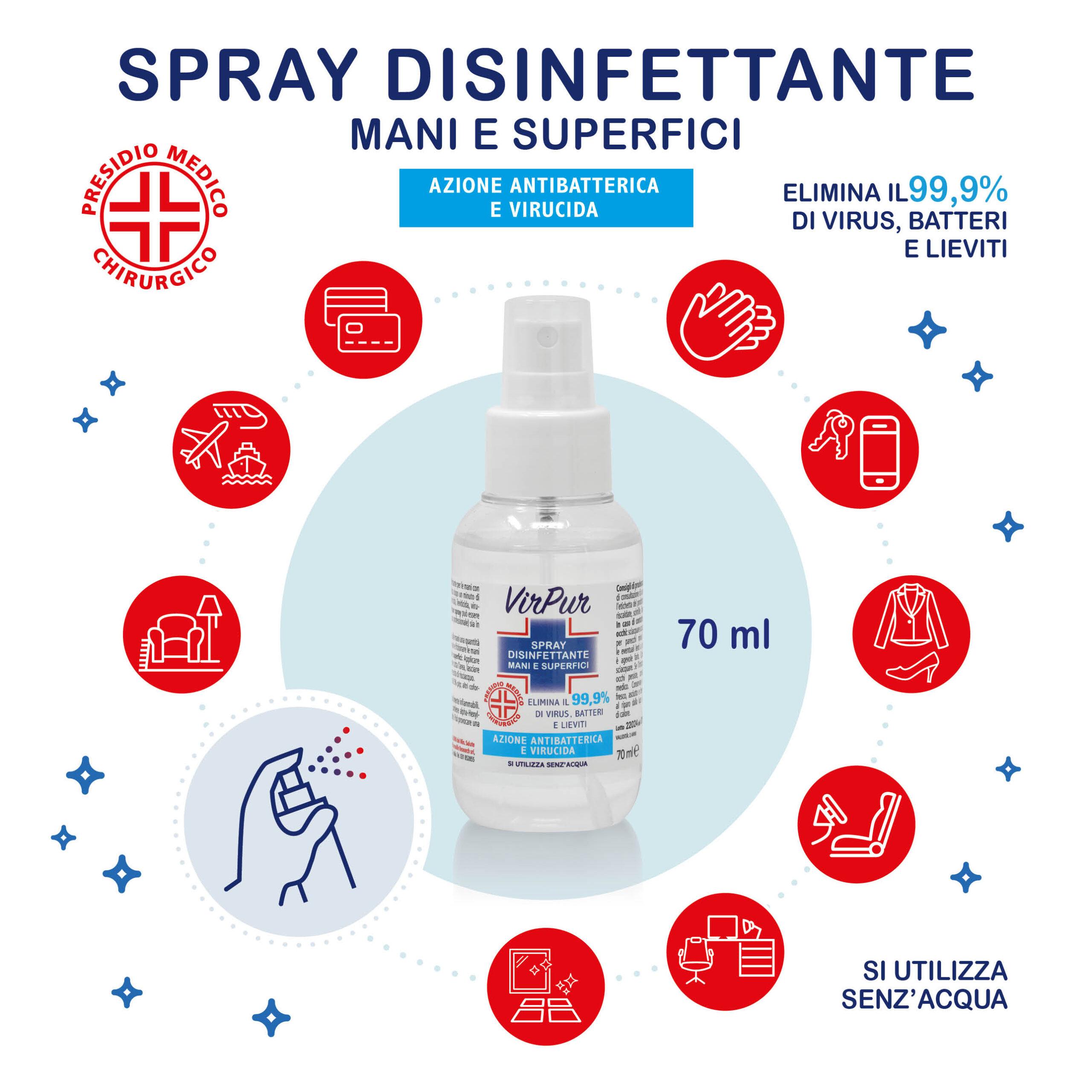 Set di 4 pezzi Pharmalife VirPur Spray per mani e superfici da 70 ml