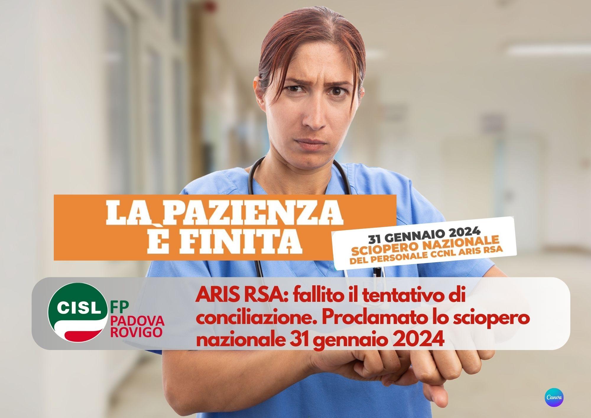 CISL FP Padova Rovigo. ARIS RSA: fallito il tentativo di conciliazione. Proclamato lo sciopero nazionale 31 gennaio 2024