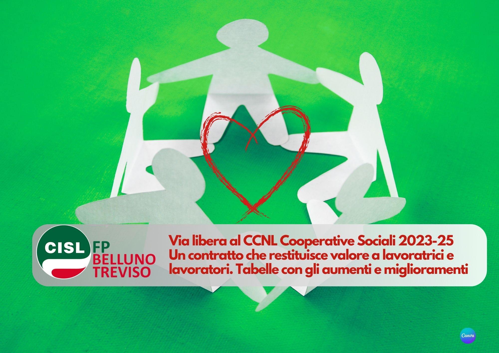 CISL FP Belluno Treviso. Via libera al nuovo CCNL Cooperative Sociali. Tabelle aumenti e quattordicesima.