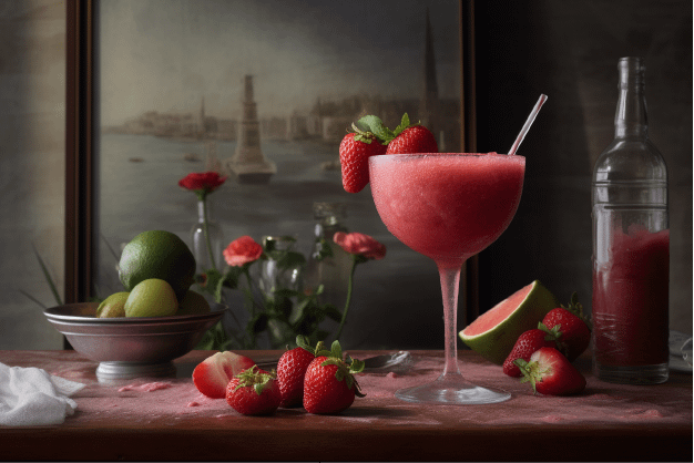 Un calice con un frozen drink alla fragola, con a fianco delle fragole fresche e dei lime