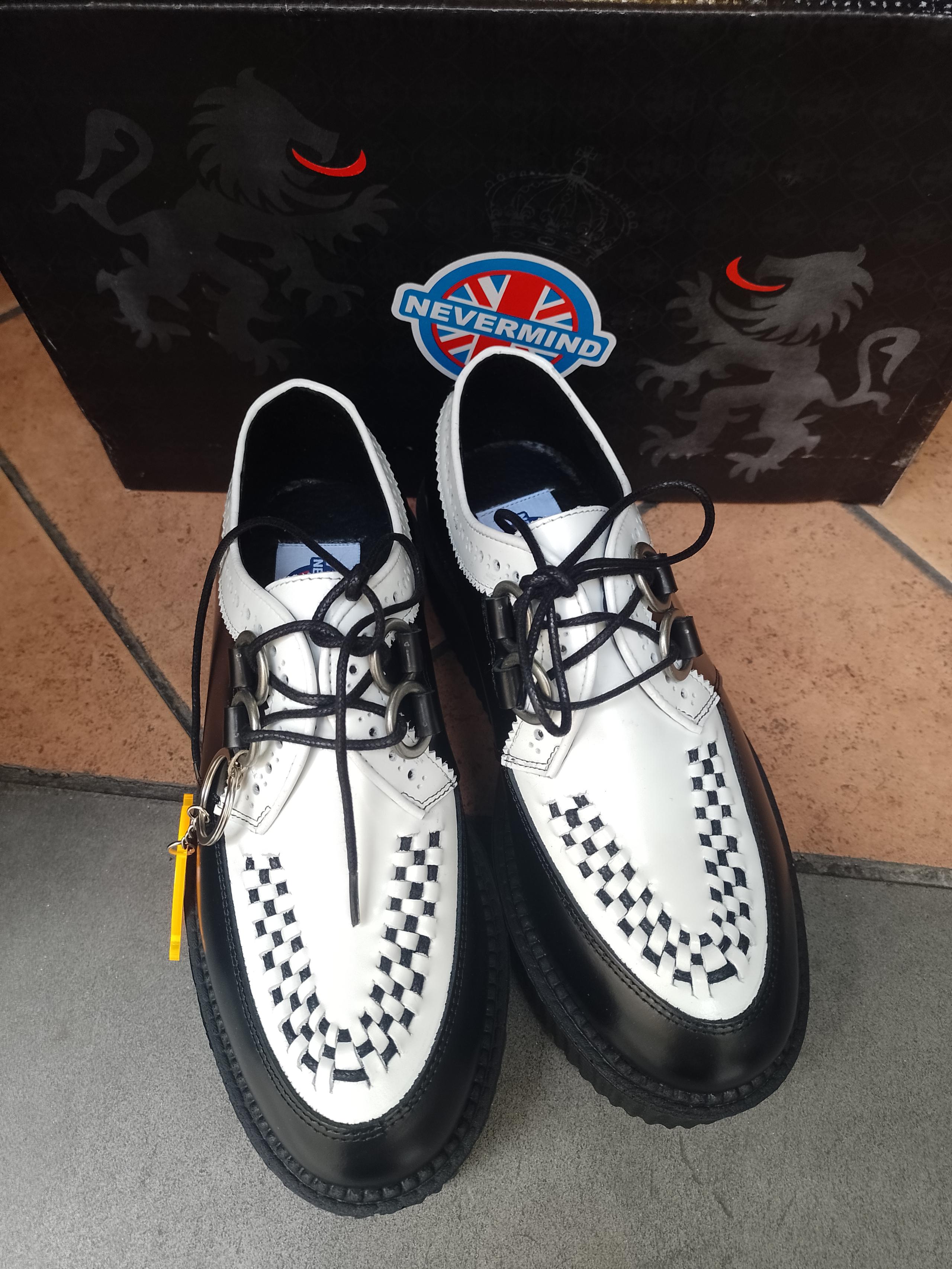 Creepers scarpe punta tonda vera pelle bicolore nero/bianco suola alta