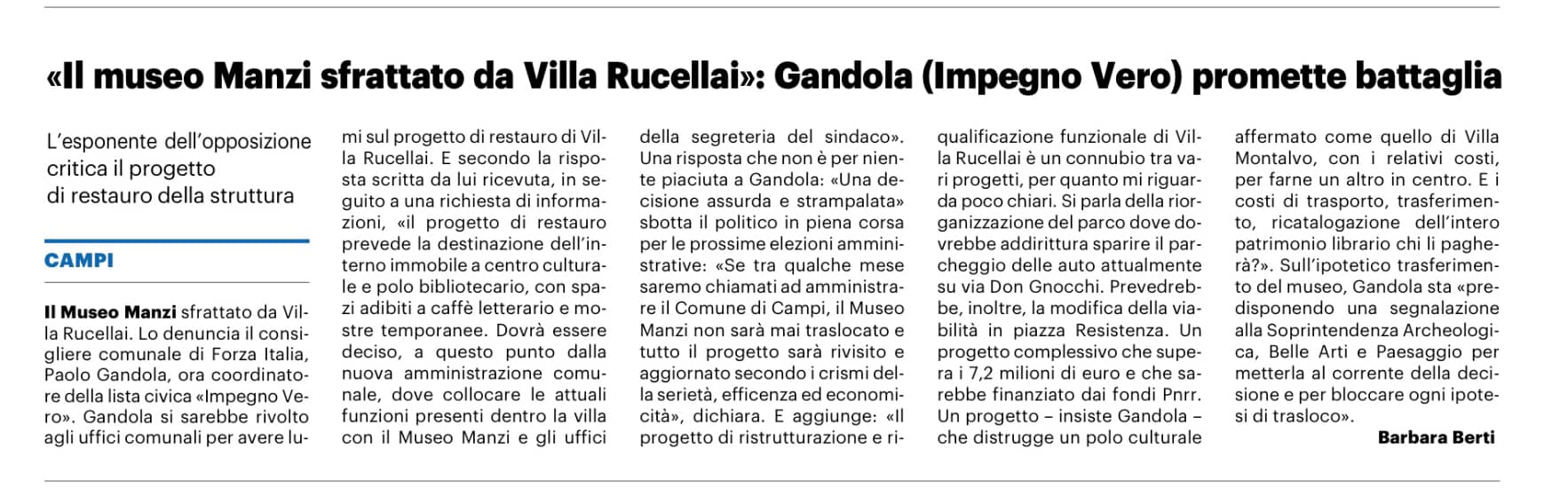 LA NAZIONE (2 GENNAIO) - GANDOLA: IL MUSEO MANZI RISCHIA DI ESSERE TRASFERITO