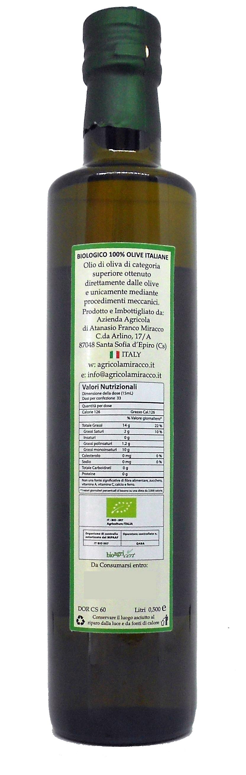 Olio Extravergine di Oliva Biologico " Il Casale Antico" 100% Italiano Bottiglia 500ml