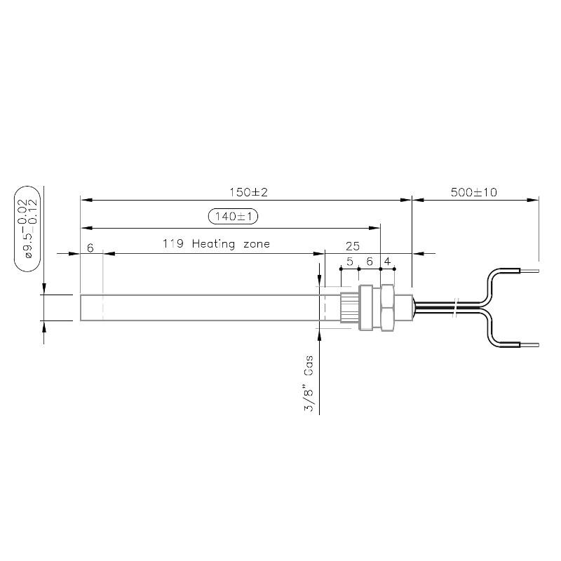 14701033 RESISTENZA CANDELETTA ACCENSIONE STUFA CALDAIA A PELLET 3/8 GAS  DIAM 9,5 LUNGHEZZA 150 350