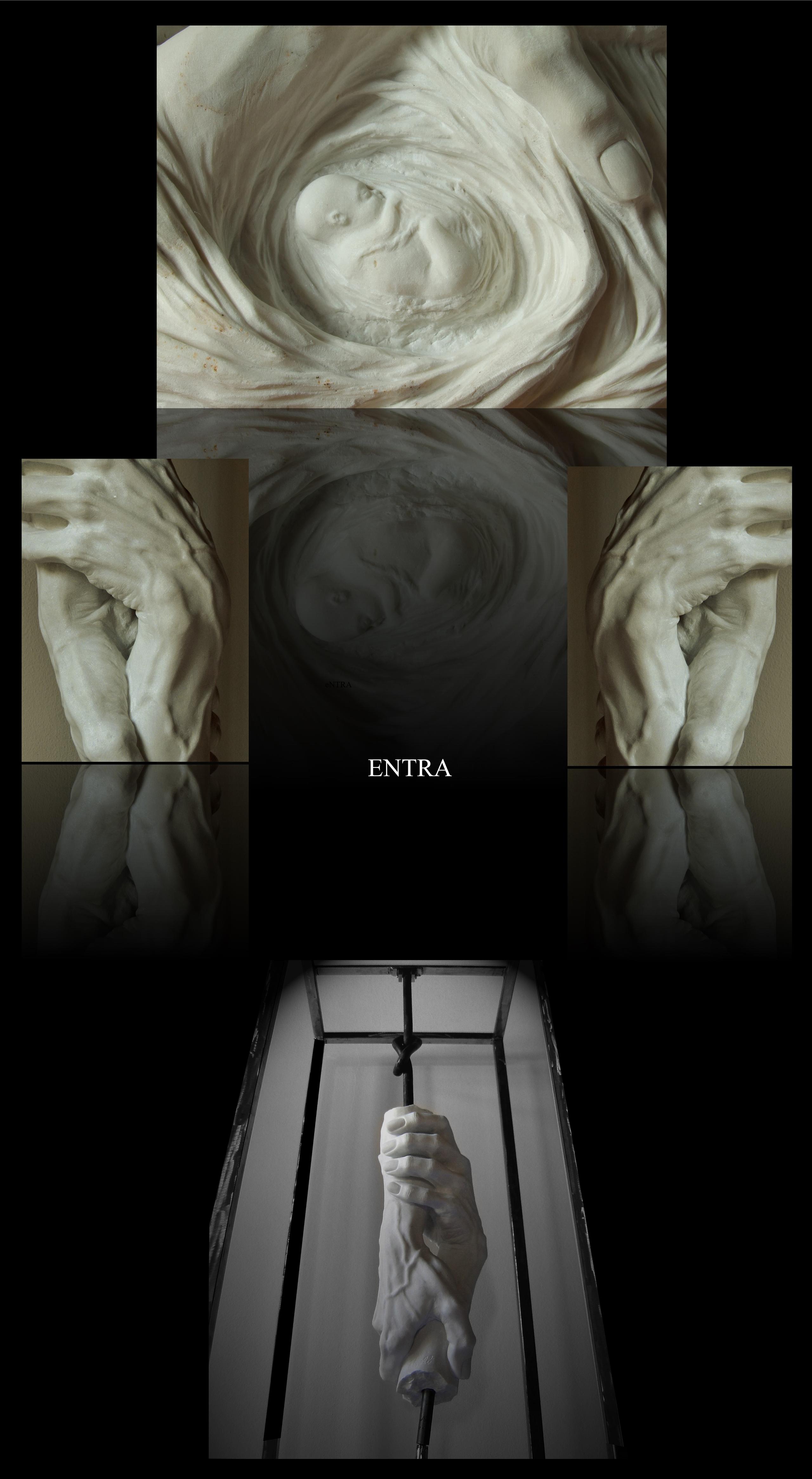 scultura in marmo di Elena Mutinelli, nodi nelle pieghe dell'anima 2007 marmo, ferro, fune, argilla, pezzo unico irriproducilbile