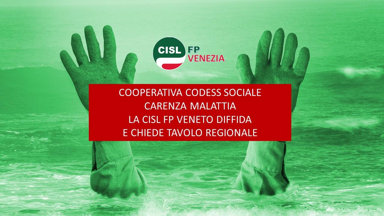 Cisl FP Venezia. Terzo Settore: carenza malattia Codess Sociale. Diffida a procedere e urgente tavolo regionale