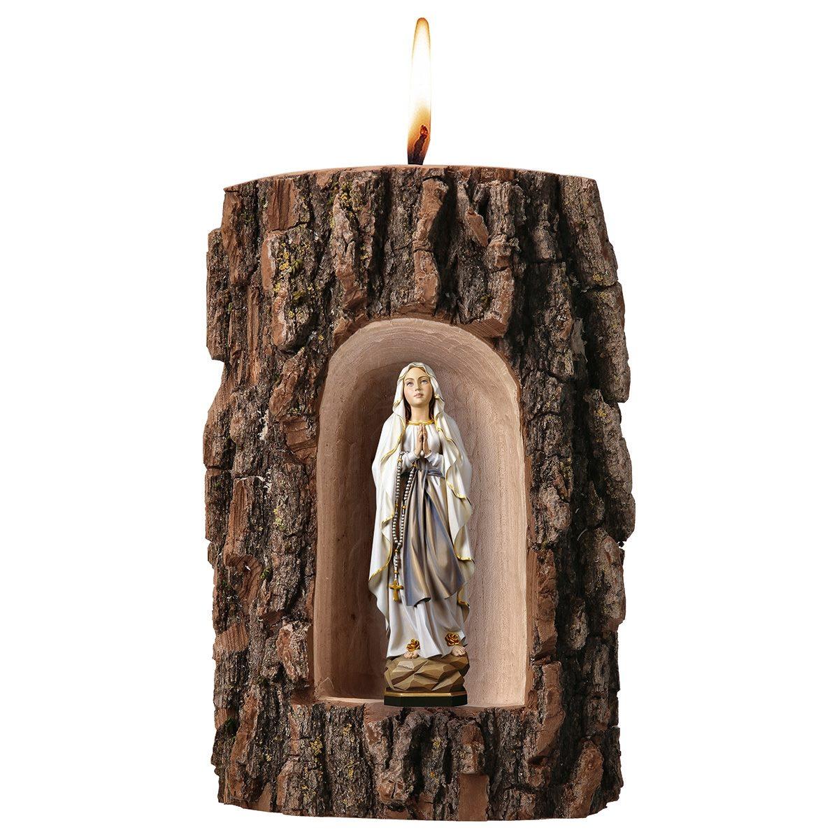 MADONNA DI LOURDES SCOLPITA IN LEGNO CON GROTTA SU TRONCO