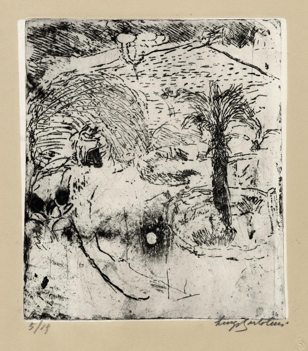 Luigi Bartolini, Acquaforte, Paesaggio con palma 1943
