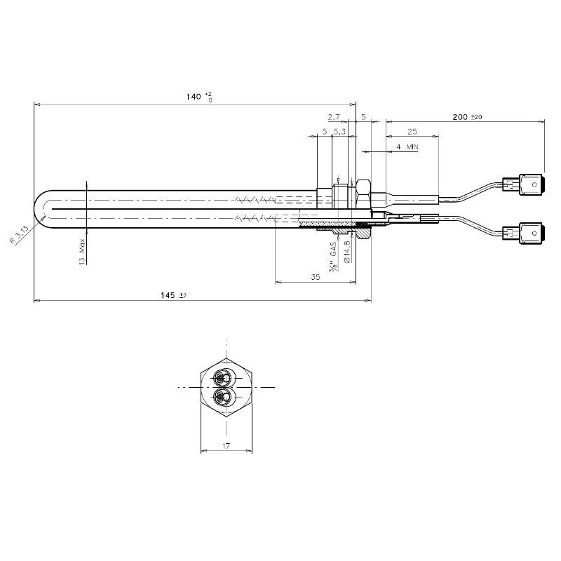 IDH63778 Resistenza accensione ricurva per stufe a pellet, con raccordo filettato 3/8" GAS.