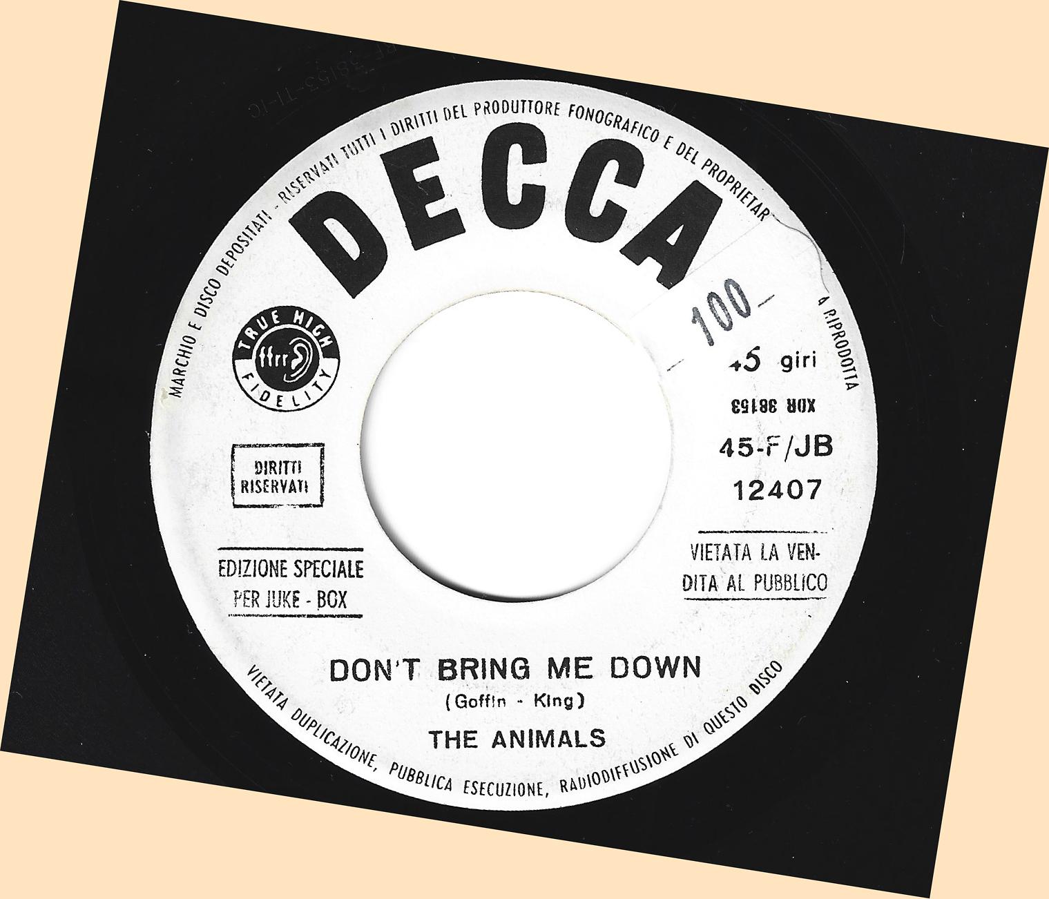 THE ANIMALS : Don't Bring Me Down / Cheating - 1966 Promo JB = MINT-