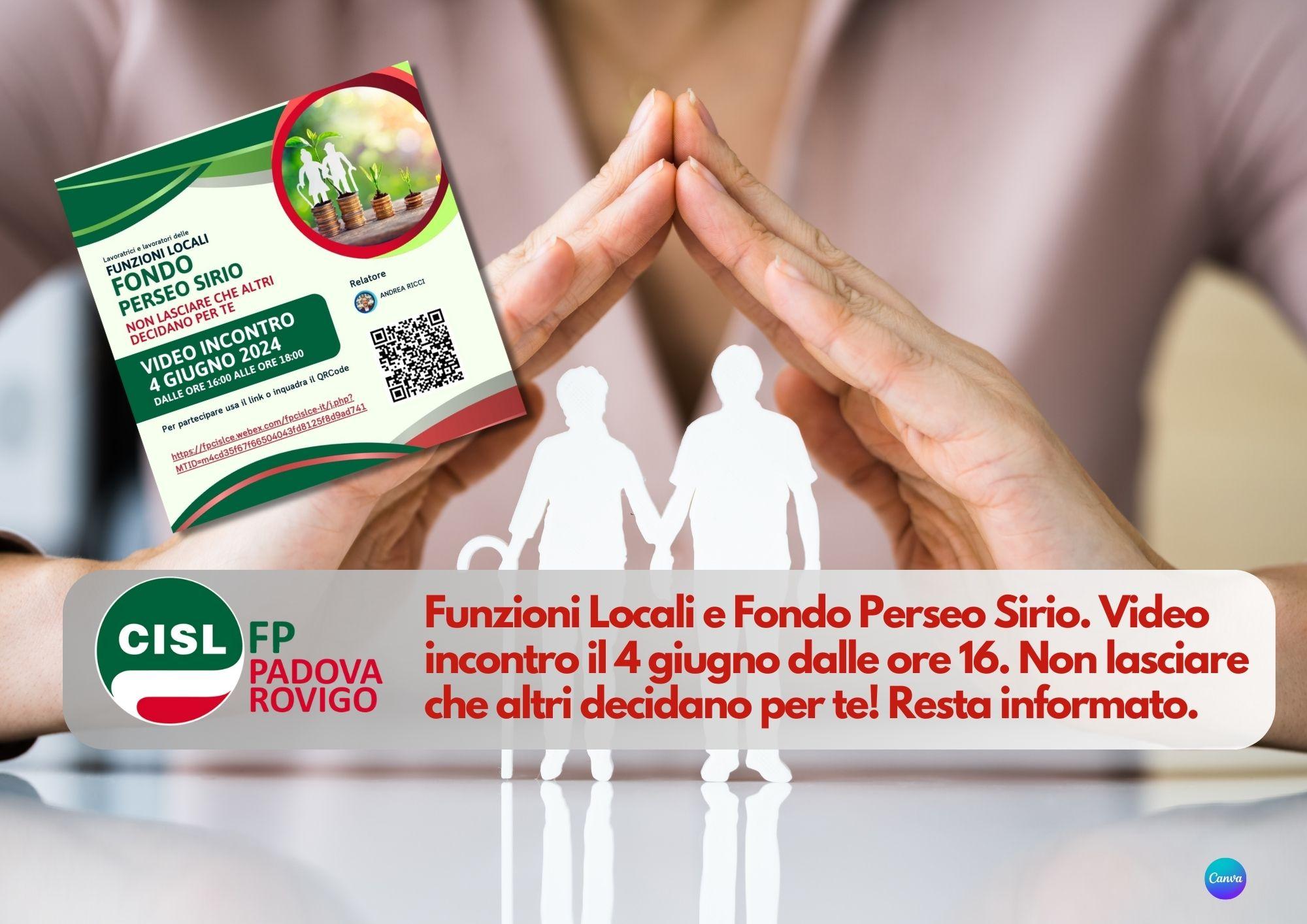 CISL FP Padova Rovigo.  Funzioni Locali e Fondo Perseo Sirio. Video incontro il 4 giugno dalle ore 16