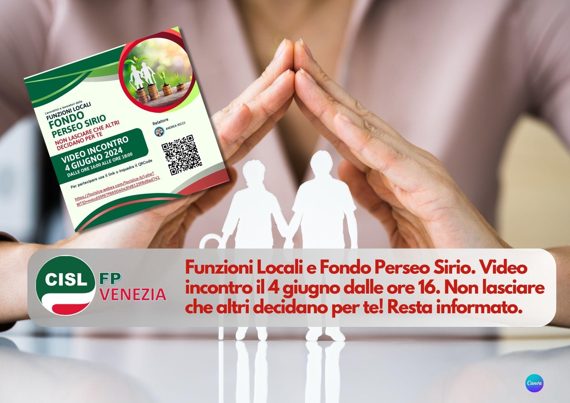 CISL FP Venezia. Funzioni Locali e Fondo Perseo Sirio. Video incontro il 4 giugno dalle ore 16