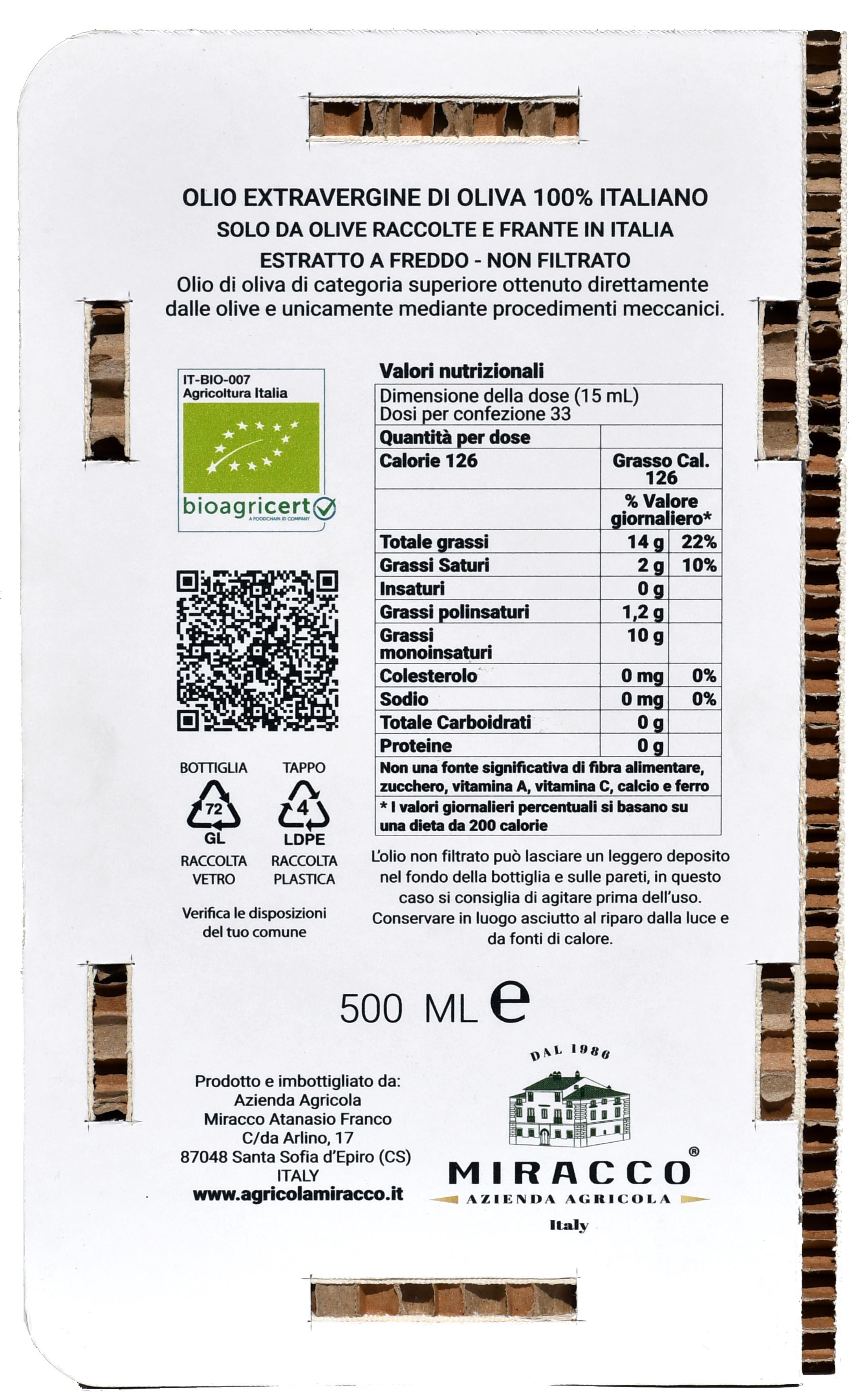 Olio Extravergine di Oliva Italiano - Biologico Prodotto in Calabria - Estratto a Freddo - 500 Ml