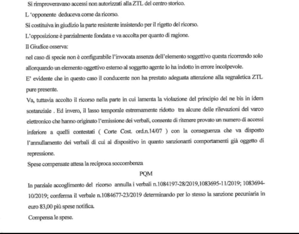 MULTA ZTL - RICORSO VINTO CONTRO COMUNE DI BOLOGNA.