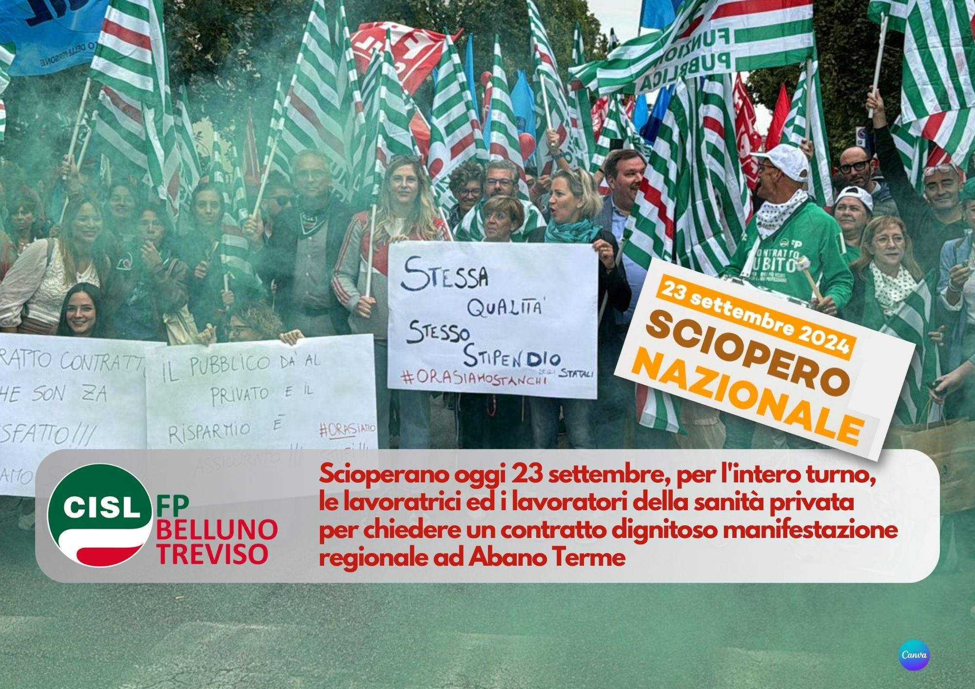 CISL FP Belluno Treviso. Sciopero nazionale sanità privata AIOP ARIS. Manifestazione regionale ad Abano Terme