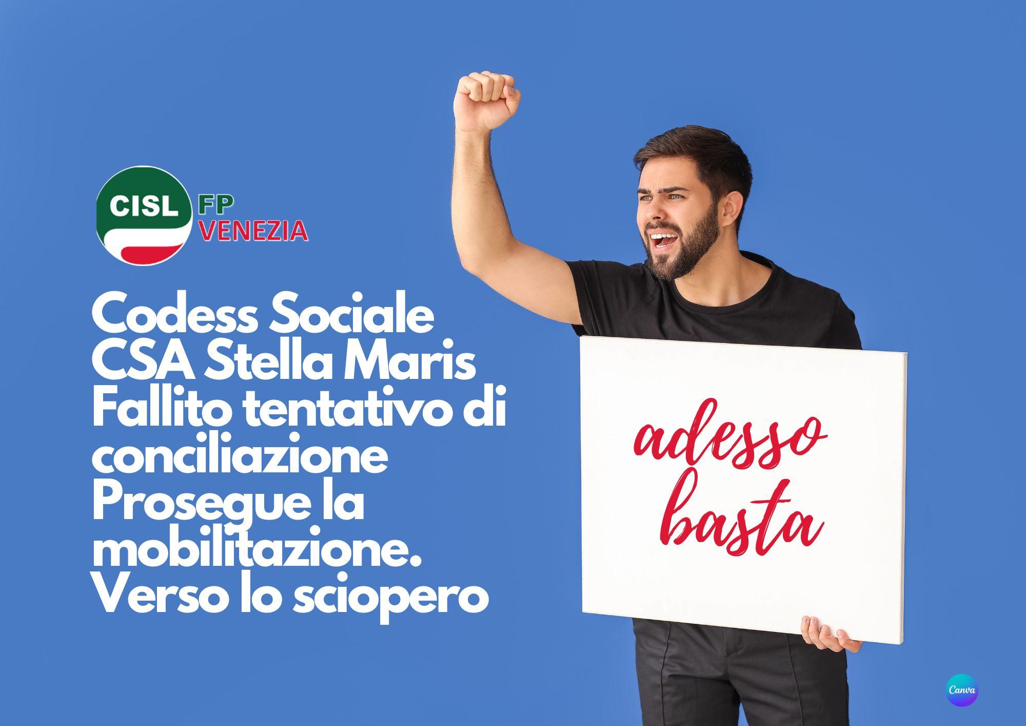 CISL FP Venezia. CSA Stella Maris fallito tentativo conciliazione con Codess Sociale. Verso lo sciopero