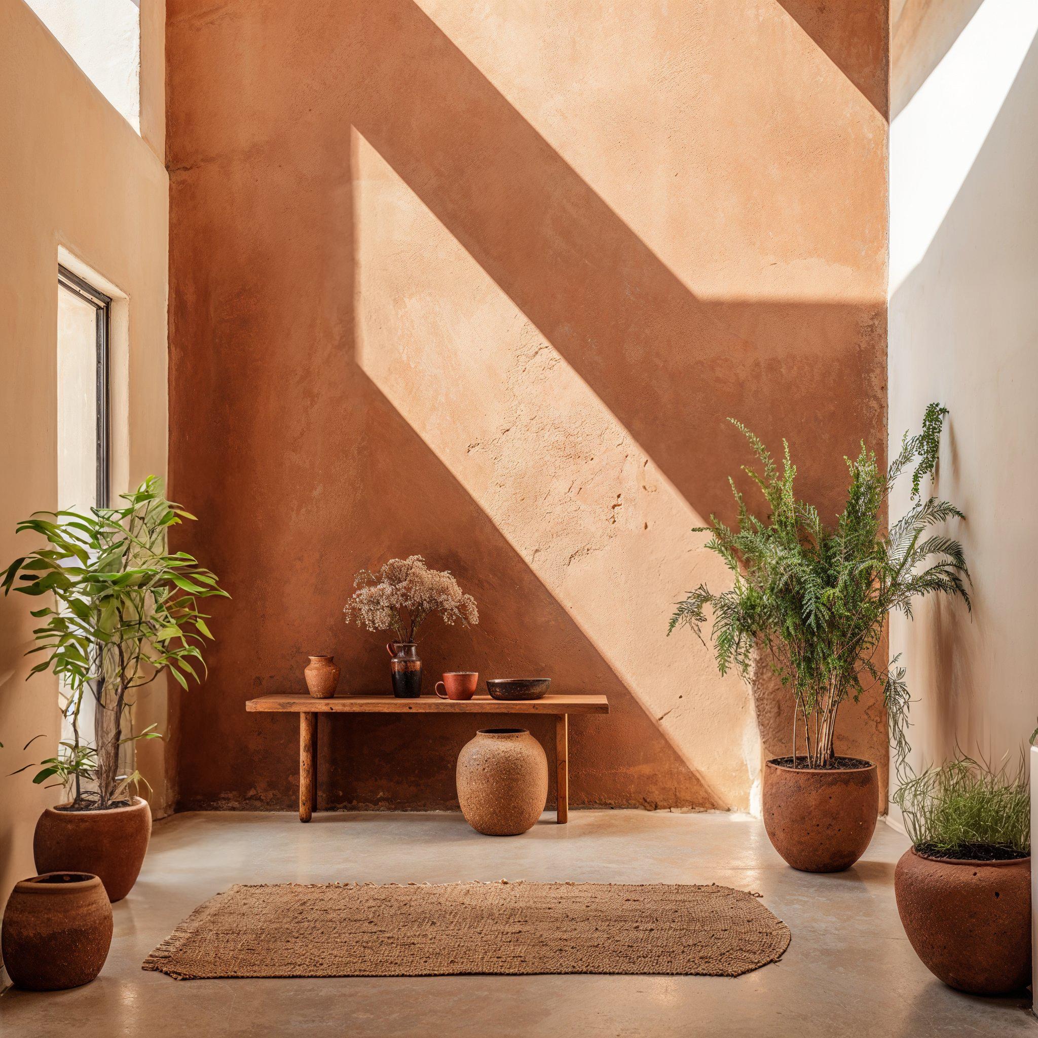 Interno casa stile desertico biofilico con pareti terracotta e piante