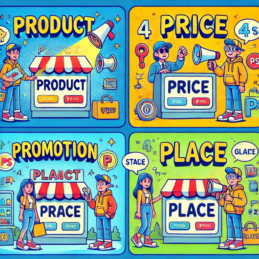 DALLE 2024-10-25 090803 - A comic-style illustration representing the concept of the marketing mix It shows four panels each depicting one of the 4 Ps_ Product Price Promotwebp