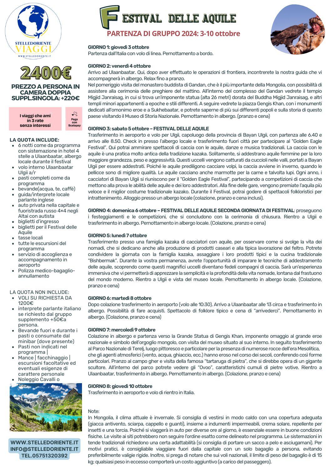 FESTIVAL DELLE AQUILE DAL 3 AL 10 OTTOBRE - confermato Partecipare al Golden Eagle Festival non è soltanto un viaggio nel tempo, ma anche un viaggio nel cuore di una comunità che ha saputo preservare e celebrare le proprie tradizioni con dignità e passione. Non lasciatevi sfuggire questa opportunità per vivere un'esperienza autentica e arricchente che vi regalerà ricordi indelebili. I cacciatori Kazaki della provincia di Bayan Ulgii utilizzano le aquile per cacciare da oltre 2000 anni. Avrete l'opportunità unica di sperimentare questa emozionante tradizione vivendo con la famiglia del cacciatore e immergendovi nell'atmosfera vibrante di questo evento straordinario, dove cultura e natura si fondono in un'esperienza indimenticabile. Le maestose aquile mostrano la loro straordinaria abilità nel cacciare, mentre i cacciatori dimostrano la loro profonda connessione e rispetto per questi magnifici rapaci. Oltre alle dimostrazioni di caccia, potrete partecipare a danze tradizionali, ascoltare musica locale e unirvi ai giochi che riflettono la ricca eredità culturale dei Kazaki. Durante il festival, le famiglie locali sono liete di condividere con i visitatori le proprie tradizioni, offrendo un'opportunità unica per immergersi nella vita quotidiana della comunità. Oltre ad ammirare le aquile in azione, avrete modo di gustare piatti tipici, scoprire l'artigianato locale e stringere amicizia con persone straordinarie