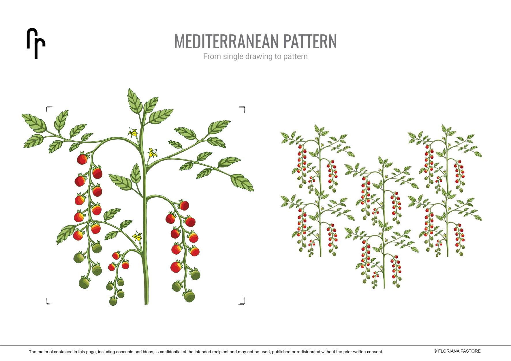 patter design, floral pattern design, handrawn floral pattern, handrawn pattern design, tomatoes designer pattern, meditettanean designer pattern, tomatoes plant pattern, italian pattern designer, customized pattern designer