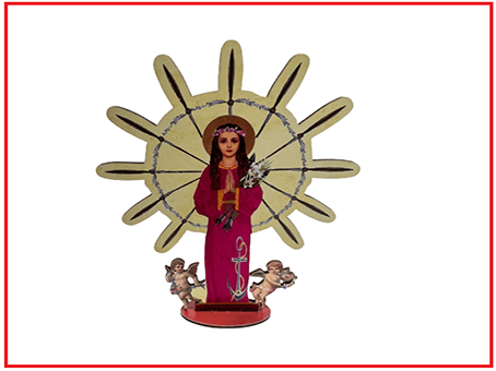 Wooden statue of St. Philomena with prayer