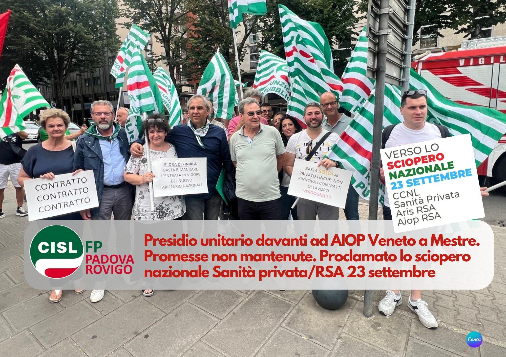 CISL FP Padova Rovigo. Presidio presso unitario presso AIOP Veneto. Verso lo sciopero del 23 settembre