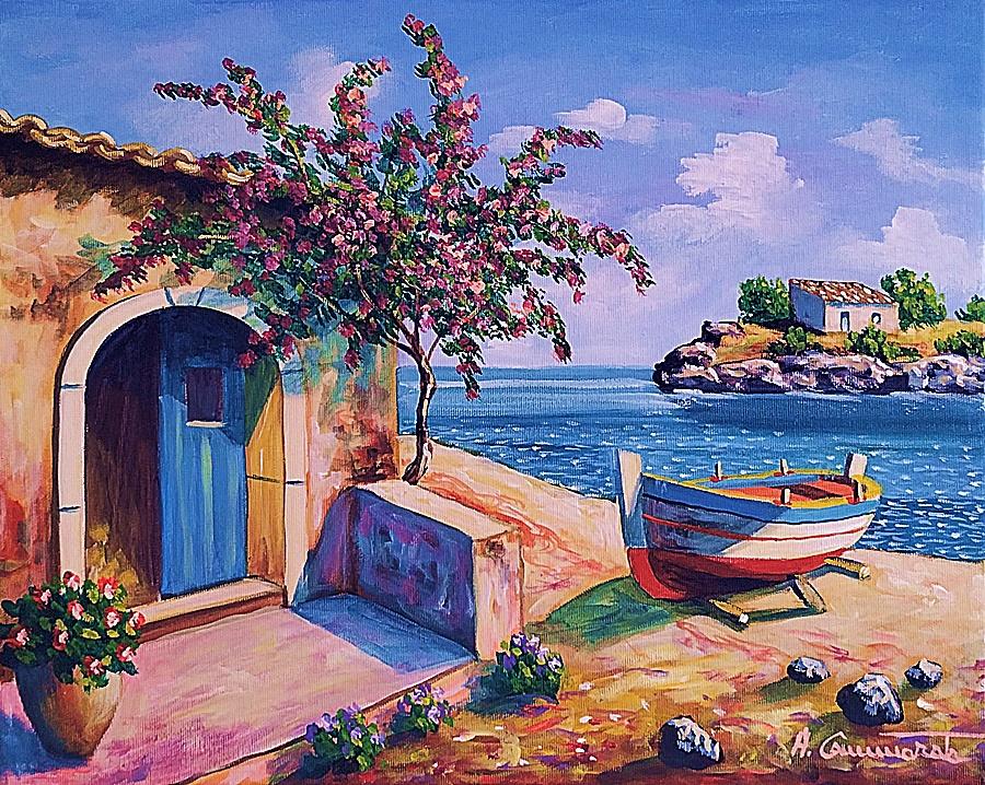 Bouganinvillea con barca Olio su tela 40 x 50 cm