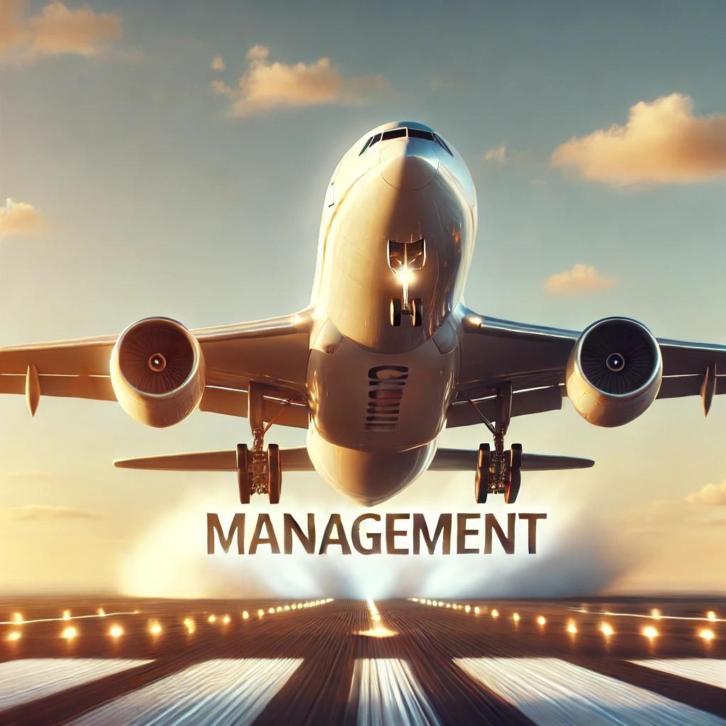 DALLE 2024-10-18 080155 - A realistic photograph-style image of an airplane taking off with the word MANAGEMENT prominently displayed in large letters on the fuselage The awebp